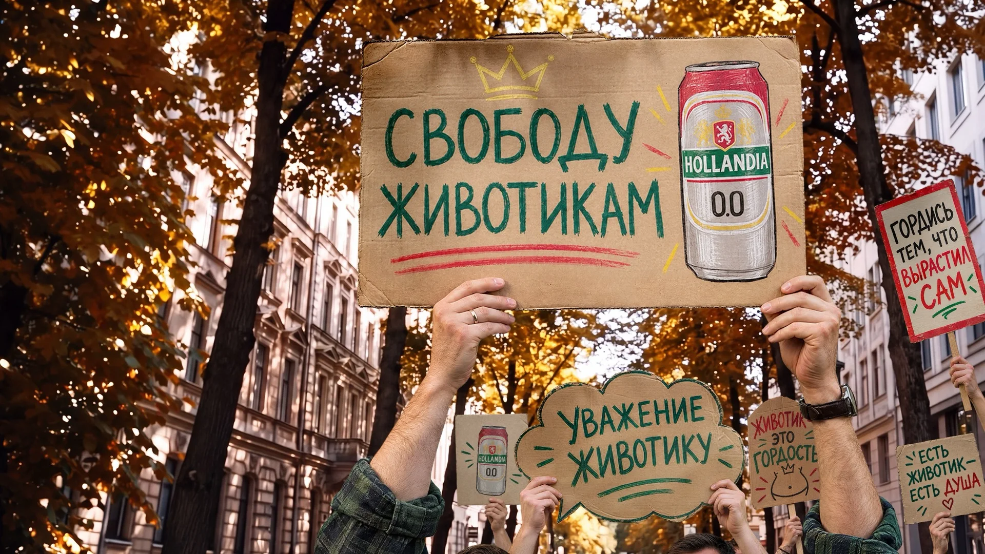 Манифестация: над головами плакат «Свободу животикам» с банкой Hollandia 0.0, вокруг таблички «Уважение животику», «Животик – это гордость», «Гордись тем, что вырастил сам»