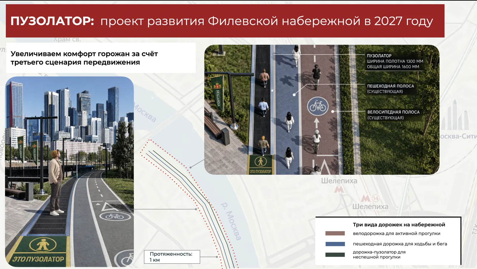 Схема «Пузолатор: проект развития набережной»: три вида дорожек на&nbsp;набережной и&nbsp;участок на&nbsp;карте
